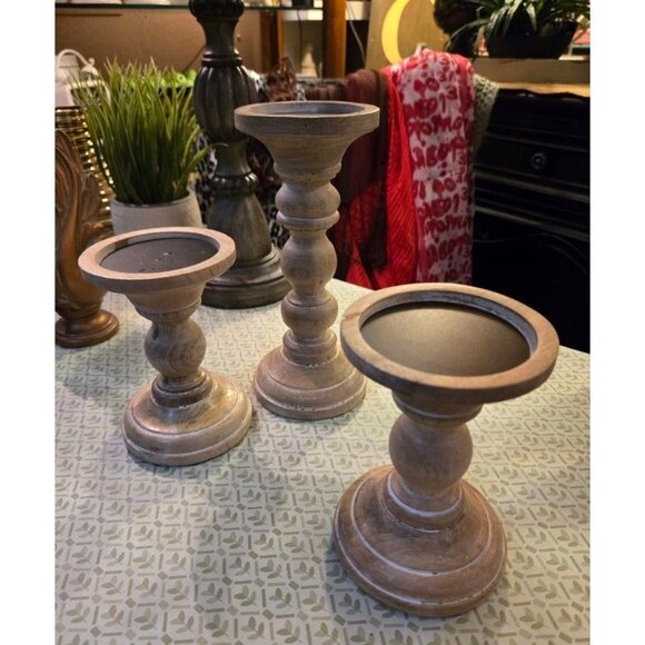 Set Of 3 Wood Mela Artesian Candle Holders - Picture 2 of 3